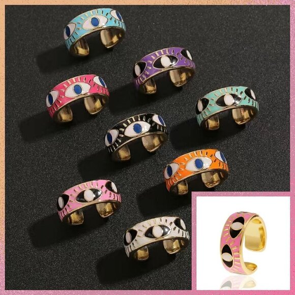 Evil Eye Enamel and Copper Adjustable Ring #1209 PINK - Picture 1 of 13